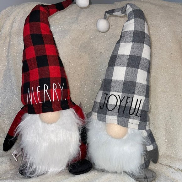 NWT BUNDLE of TWO Rae Dunn Christmas JOYFUL & MERRY Buffalo Check Gnomes - Picture 2 of 12